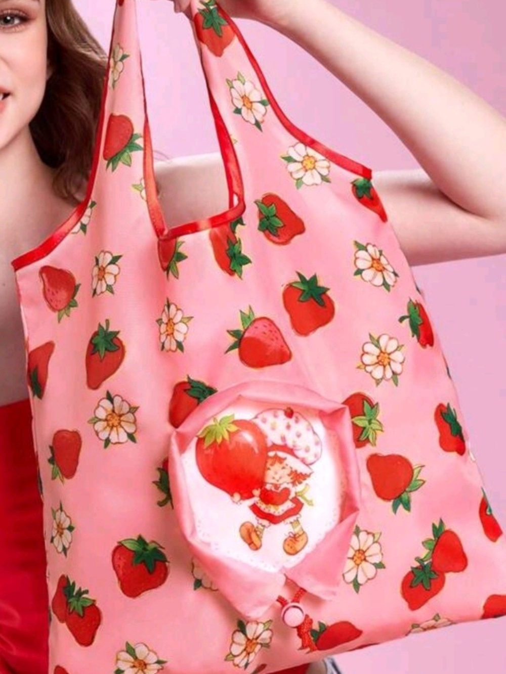 Pink Strawberry Print Reusable Tote Bag